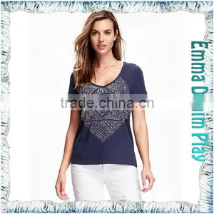 2016 New Designs Wide Open Neck Blue Printing Cotton T Shirts for Sexy Womens thumbnail-2