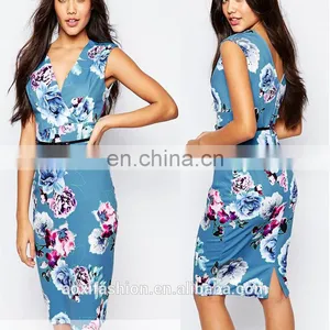 Hot Sale V-neckline Floral Print Pencil Dresses for Women Knee Length Evening Dress thumbnail-1