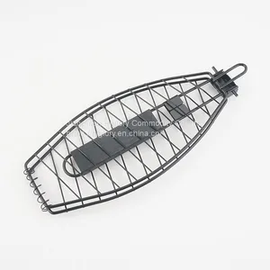BBQ Fish Grill Basket Chrome Plated BBQ Barbecue Grill Accessories Mesh Wire Fish Basket With Wood Handle thumbnail-5