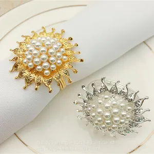 Hot Selling Shiny Gold Pearl Beaded Round Sun Flower Napkin Ring thumbnail-1