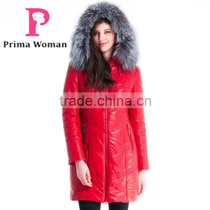 New 2016 Women Winter Leather Jacket Medium Length Slim Fit Coat With Brown Fox Fur Hat Overcoat thumbnail-4