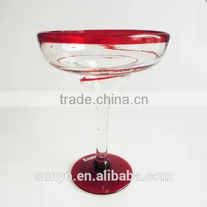 Hot Sale Hand Blown Unique Fancy Red Color Thick Stem Margarita Glass thumbnail-1