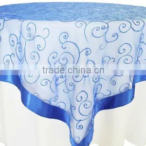 Blue Embroidered Square Table Overlay With Satin Border for Weddings thumbnail-1