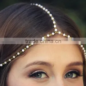 Whosale Bride Wedding Bride Hair Decoration Headbands Indian Boho Pearl Head Chain thumbnail-2