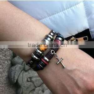Punk Style Genuine Leather Bracelets for Students With Cross Drop thumbnail-1