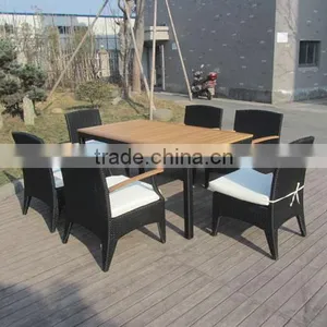 Wood Dining Table 6 Chairs Set Poly Rattan Material thumbnail-3