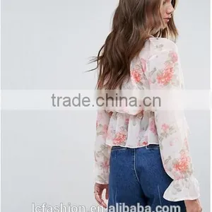 OEM Service Supply Type Women Sexy Tops and Blouses Floral Print Plunge Blouse thumbnail-3