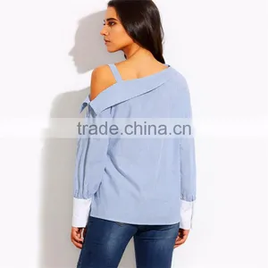 Latest Slash Neck Light Blue Fashion Shirt Pretty Girl thumbnail-3
