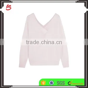 High Quality 100% Cashmere Ladies Slips On V-Neck Sweater With Ribbed Trims thumbnail-1
