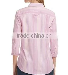 2015 Easy Care Washed Oxford Shirt Three-Quarter-Sleeve Multi-Stripe Elegant Blouses for Ladies thumbnail-2