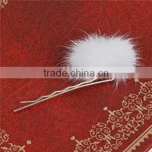 New Fashion White Pom Ball Gold Plated Sable Fur Hair Clips thumbnail-2