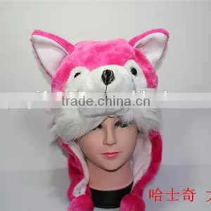 Red Husky Dog Cartoon Plush Warm Hat With Ear Poms And Flaps thumbnail-1