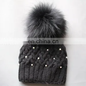 Fashion Design Black Knitted Pattern Wool Blend Hats With Fur Pom thumbnail-5