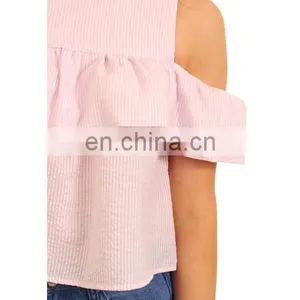 2017 Summer Style Pink Cold Shoulder Frill Top thumbnail-2
