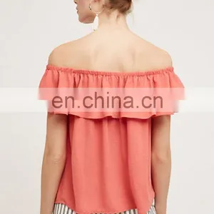 Hot Selling Summer off Shoulder Ruffle Plain Dyed Wholesale Tops For Women 2016 thumbnail-2