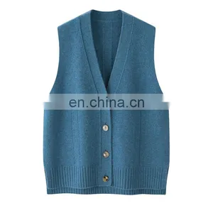 Brand New Custom Sleeveless V-Neck Cardigan Vest Women Knitted Cashmere Woolen Casual Style Embroidered Logo Button Back thumbnail-1