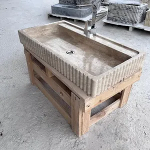 Luxury Unique Natural Yellow Rectangular Shape Travertine Stone Bathroom Marble Vessel Sink Vanity Wash Basin Garden Decor thumbnail-1
