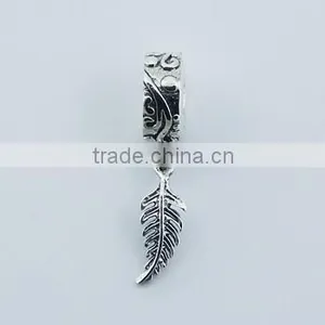Sterling Silver Charm Beads Fine Fern Leaf On Cylinder Bead thumbnail-1