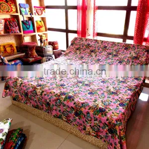 Queen Kantha Quilt Flower Garden Multi Pink Handmade thumbnail-1