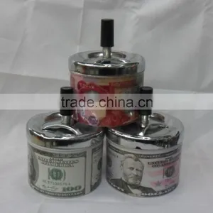 4.5" Round Push Down Ashtray With Spinning Tray New 50 & 100 Dollar Bill thumbnail-1