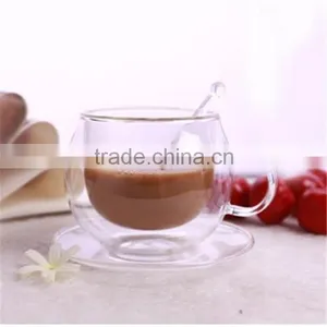 Hand Made Heat Resistant Borosilicate Glass Double Wall Glass Coffee Cup and Saucer Sets thumbnail-1