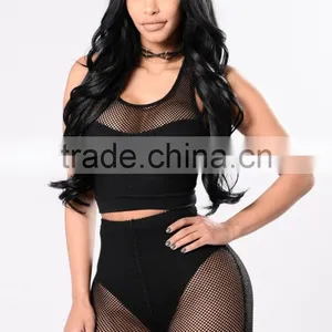 Matching Shirt and Pants Women Front Lining Strappy Back Detail Fishnet Crop Top And Wide Leg Bell Bottom Pants thumbnail-2
