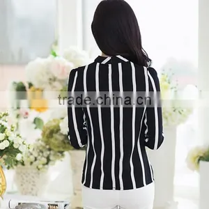 Fashion Korea Womens Stripe Blouse Long Sleeve Shirt Chiffon Slim Fit Tops thumbnail-6