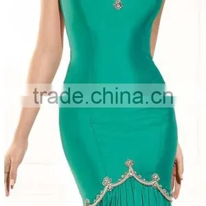 Green Satin Beaded Sweetheart Neckline Sample Design Short Sleeve Dress thumbnail-5