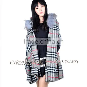 CX-B-P-39 Cheap Genuine Raccoon Fur Trim Pashmina Shawls Wholesale With Hood thumbnail-2