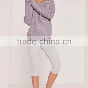 Custom Label Brand Women Plain Long Sleeve Knitwear Crewneck Lace Up Jumper Purple Pullover Oversized thumbnail-5