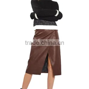2017 OEM Spring Elegant Snap Wrap Midi Faux Leather Skirt thumbnail-6