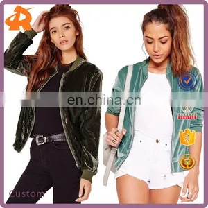 2017 Hotsale Women's Latest Fashion Zipper Collar Silk Velvet Bomber Jacket thumbnail-1