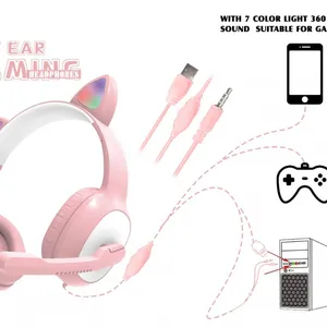 G19 Pink Cat Ear Cute Girl Gaming Headset With Mic Noise Reduction Foldable Stereo Music Helmet RGB Flash Wired Headphone thumbnail-2