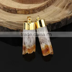 JF6887 Hot Sale Gold Plated Druzy Citrine Quartz Cylinder Column Pendants With Gold Cap and Bail thumbnail-1