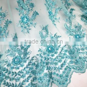2015 New Arrival High Quality French Net Beaded Lace Fabric Turquoise Blue French Lace Fabric thumbnail-1