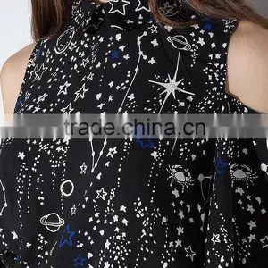 Slim V Neck Off Shoulder Sleeve Galaxy Printing Blouse thumbnail-3