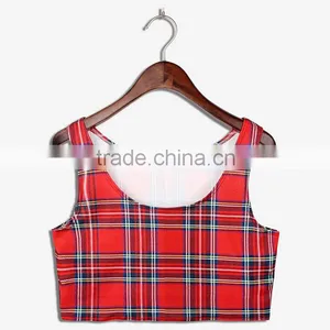 2015 Women Crop Tops Wholesale Sublimation Red Plaids Print Custom Design N7-37 thumbnail-1