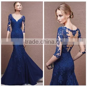 Elegant Lace Sleeve Royal Blue Long Evening Dress thumbnail-1