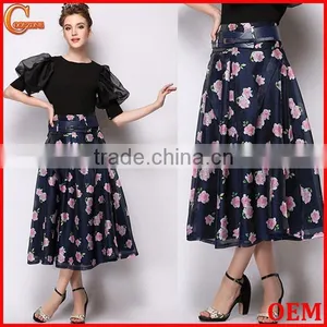 100% Polyester Sweet Floral Midi A-Line Bubble Skirt thumbnail-1