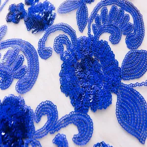 Cheap Wholesale Glitter Blue Fringe Flower Sequin Lace Fabric thumbnail-2