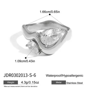Stainless Steel Water Drop CZ Open Ring for Women Adjustable Gold Plated Statement Ring Waterproof Hypoallergenic Jewelry Wholesale thumbnail-2