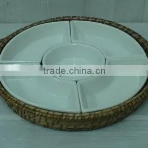 Rattan Candy Holder, Ceramic & Rattan Round Tray for Sale thumbnail-1
