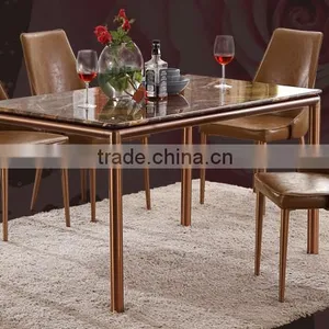 Modern Natural Coffee Color Marble Korean Dining Table Stainless Steel Legs thumbnail-1