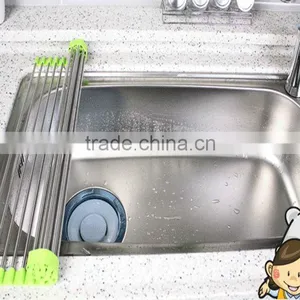 Folding Anti-rust Stainless Steel and Non-slip Silicone Drain Rack thumbnail-1