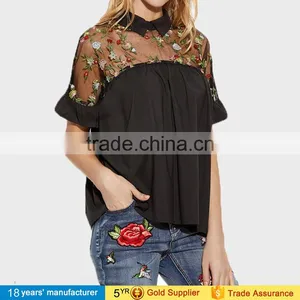 2017 Summer Tops Black Flower Embroidered Sheer Neck Ruffle Cuff Tie Back Top Woman Short Sleeve Vintage Blouse thumbnail-2
