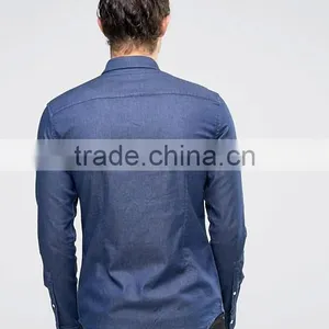 Guangzhou High Quality Custom Long Sleeve Spread Collar Mens Cotton Elastane Stretch Denim Casual Navy Solid Shirts thumbnail-2