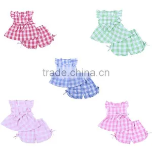 100% Cotton Seersucker Girl Plaid Outfits Infant Girls Candy Dress Sets Shorts Girls Boutique Outfits thumbnail-1