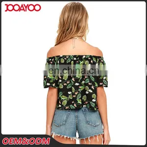 New Fashion Ruffle Floral Print Off The Shoulder Short Sleeves Chiffon Top Latest Long Tops Designs Girls thumbnail-4