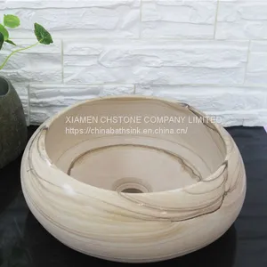 Yellow Sandstone Bathroom Vessel Round Sink Natural Stone Wash Basin thumbnail-1