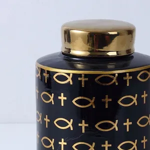 European Simple Style Straight Black Symbol Painting Hexagonal Cylinder Ceramic Vases With Golden Lid For Dining Room thumbnail-4